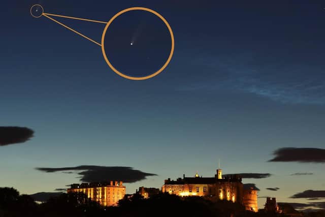 A recently-discovered comet has been photographed in the night sky over Edinburgh. The Comet NEOWISE (enlarged here) was only found by astronomers in late March, and is bright enough to be visible with the naked eye.