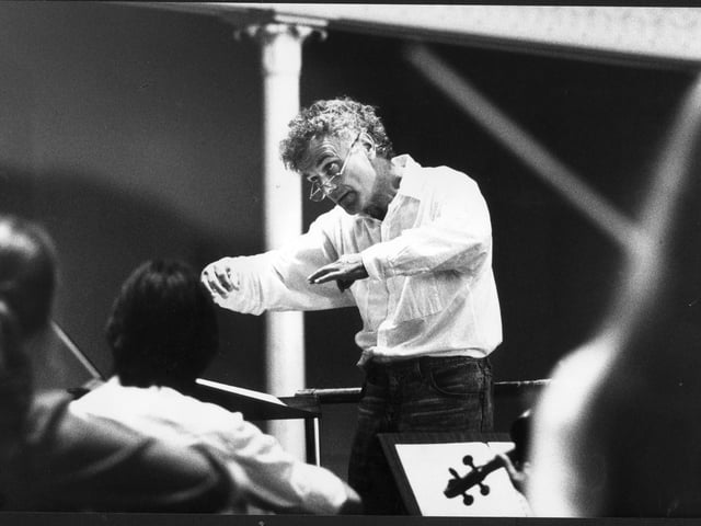 British conductor Sir Peter Maxwell Davies in the Queen's Hall in 1989.