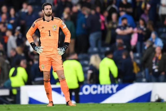 A dejected Craig Gordon at full-time as Scotland lose to Ukraine in the World Cup play-off. Picture: SNS