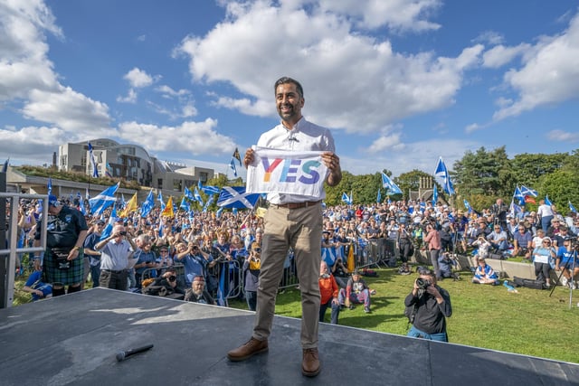 First Minister of Scotland Humza Yousaf addresses a crowd outside the Scottish Parliament following a Believe in Scotland march from Edinburgh Castle. Photo: Jane Barlow/PA Wire