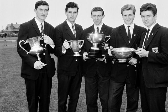 The George Heriot's School games champions - Douglas Bruce, Brian McCann, Lindsay Galloway, Ian Cartlidge and Derek Lee - in June 1965.