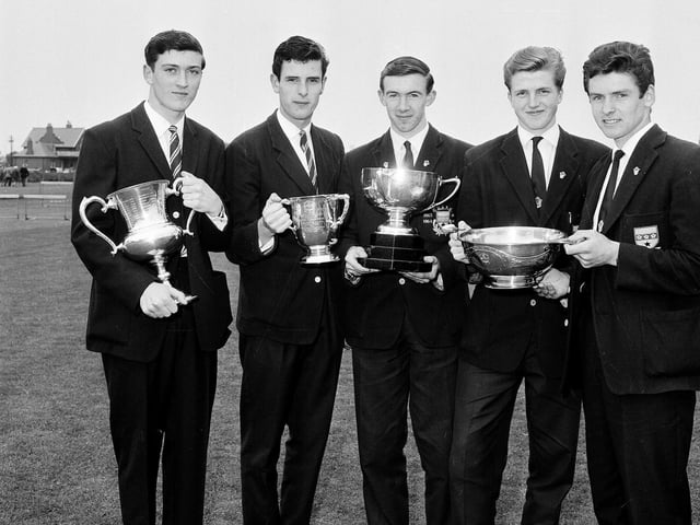 The George Heriot's School games champions - Douglas Bruce, Brian McCann, Lindsay Galloway, Ian Cartlidge and Derek Lee - in June 1965.