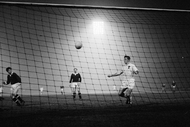 Norrie Davidson scores Hearts' fourth goal on their way to victory over Moscow Torpedo at Tynecastle in December 1962