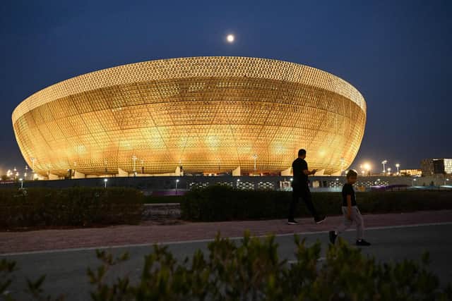 A view shows the Lusail Stadium in Lusail on November 5, 2022, ahead of the Qatar 2022 FIFA World Cup football tournament (Photo by KIRILL KUDRYAVTSEV/AFP via Getty Images)
