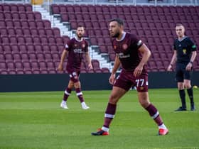 Robert Snodgrass, with Orestis Kiomourtzoglou in the distance, during Hearts' 2-1 defeat to Swansea City in a closed-door game at Tynecastle. Picture: Hearts FC