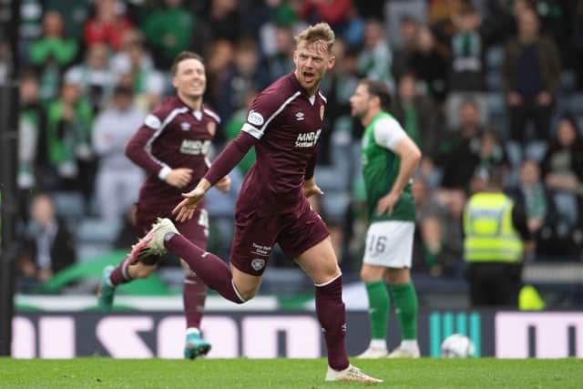 Stephen Kingsley celebrates scoring against Hibs as Hearts win the Scottish Cup semi-final 2-1 against their greatest rivals. Picture: SNS