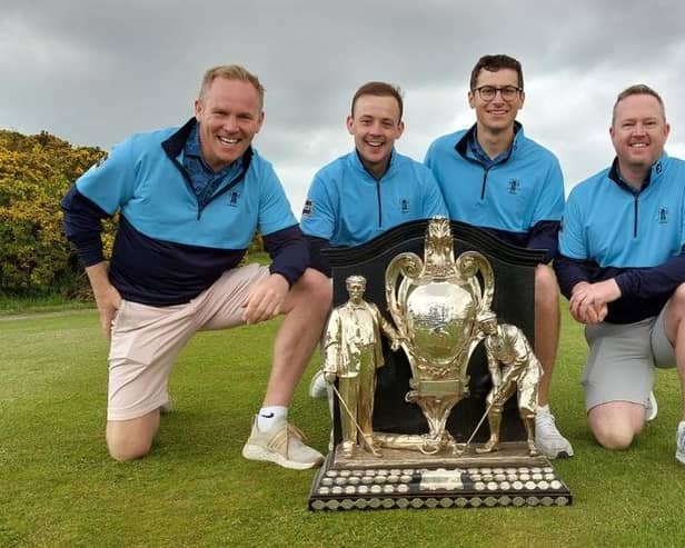 Duddingston's David Miller, Connor Scott, Jamie Duguid and Allyn Dick celebrate winning the 123rd Edinburgh Evening News Dispatch Trophy at the Braids. Picture: National World.