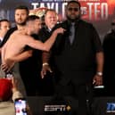 Josh Taylor and Teofimo Lopez clash at the weigh-in ahead of tonight's duel in New York. Picture: Shabba Shafiq/SWTSCNC.