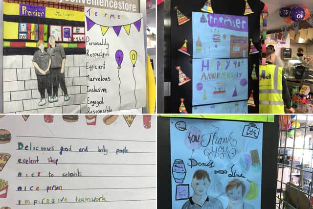 Artwork and poems by pupils at Pentland Primary School decorate the walls of the shop.