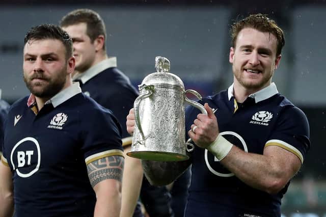 Borderers Stuart Hogg and Rory Sutherland celebrating after helping Scotland win rugby's Calcutta Cup in February (Photo by David Rogers/Getty Images)