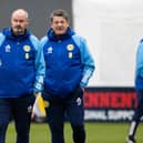 National coach Steve Clarke and his assistant John Carver during a Scotland training session at Lesser Hampden.