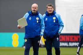National coach Steve Clarke and his assistant John Carver during a Scotland training session at Lesser Hampden.