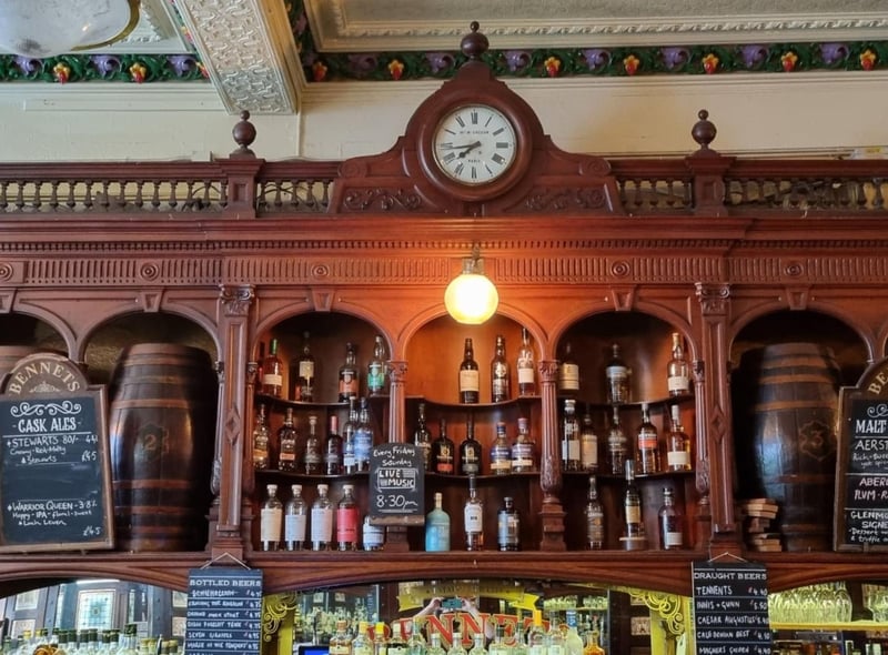 Bennets Bar in Leven Street, Tollcross, is one of Edinburgh's oldest and most historic pubs. It has Art Nouveau windows, an intricate mirrored arcaded feature above the seating, with elaborate tilework showing cherubs and figures in classical dress. Choose from more than 200 malt whiskies or from its old fashioned cocktail menu.