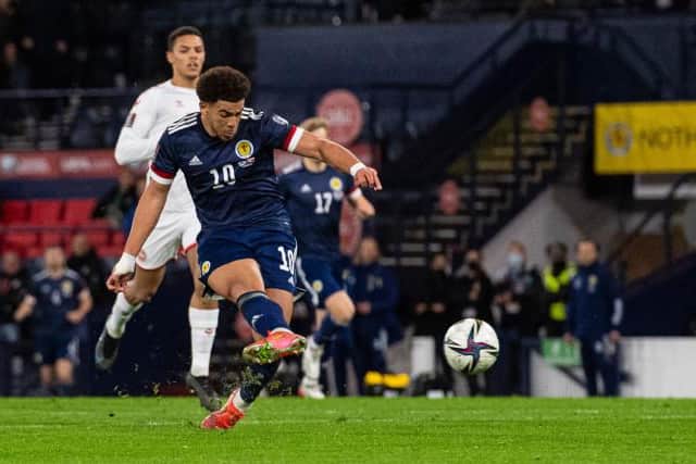 Che Adams scores to make it 2-0 for Scotland and seal victory over Denmark at Hampden. (Photo by Ross MacDonald / SNS Group)