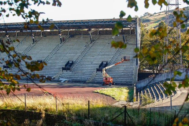 Work to demolish Meadowbank Stadium taking place in 2018. That part of the large site is now occupied by new homes, with the stadium moving to the east of the site.