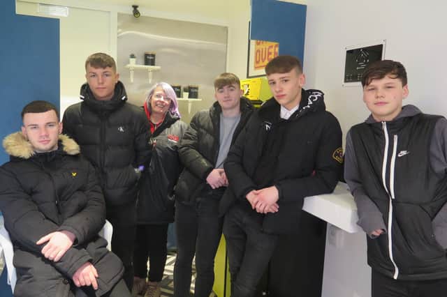 From left to right are Newbattle S5 pupils and CGI Games Master: Cole Spence, Ricky Waugh, Jackie Clark CGI Cyber Escape Games Master, Fraser Sutherland, Ian Galloway and Ewan Miller.