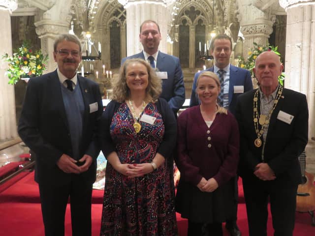 ​The group is pictured during the reception at Rosslyn Chapel.