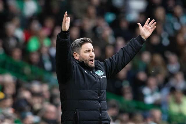 Lee Johnson gestures from the technical area during Hibs' 3-1 defeat by Celtic