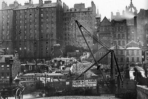 Waverley Bridge showing Edinburgh's Old Town and Cockburn Street under construction.