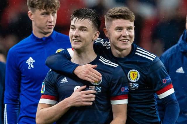 Scotland's Kieran Tierney (left) with Kevin Nisbet at full time during a Euro 2020 match between England and Scotland at Wembley. (Photo by Alan Harvey / SNS Group)