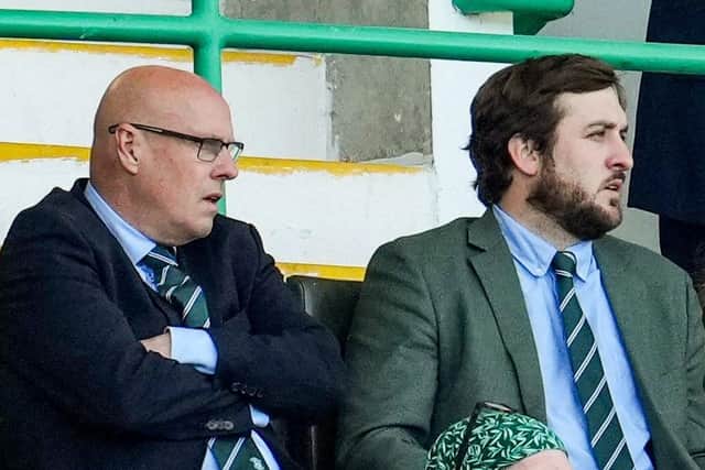 Hibs director of football Brian McDermott, left, and Ian Gordon watch on during the cinch Premiership defeat by Livingston. Picture: Simon Wootton / SNS Group