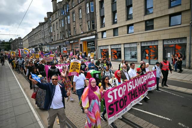 Protesters marched down Leith Walk to protest against racism after recent attacks