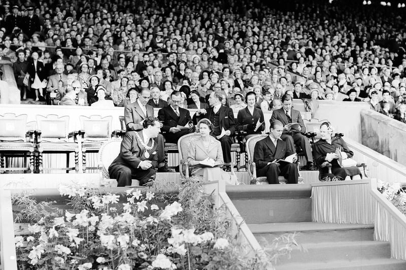 The Queen and Duke of Edinburgh attend a "display and pageant" at Murrayfield international rugby ground, also billed as the Murrayfield Youth Rally, on Saturday June 27, 1953. They are pictured with the Lord and Lady Provost in Royal Box.