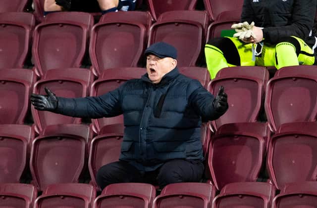 Arbroath boss Dick Campbell protests from the sidelines.