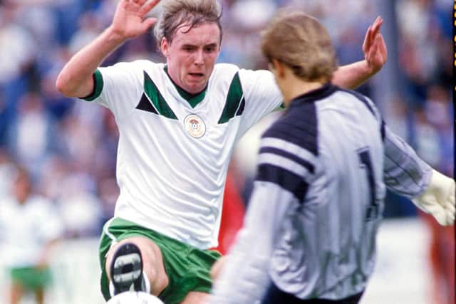 Stevie Cowan forces Vicente Villalba into an error allowing Willie Irvine (not pictured) to score