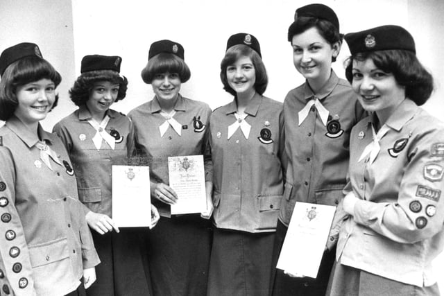 Guides of the 30th South Shields Company who received the Queen's Guide Badges in 1978 were, left to right:  Lindsey Reah, 15; Barbara Thompson, 14; Janet Halligan  17; Alison Judd, 15; Heather Abernethy, 17 and Susan Thompson, 17.
