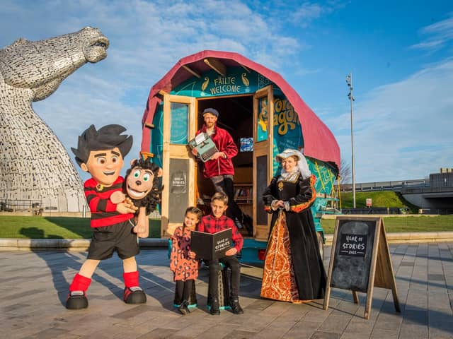 Dennis the Menace and Mary Queen of Scots paid a visit with eight-year-old Rocco Cesari and five-year-old Francesca Cesari to Luke Winter of the Story Wagon – a touring space offering creative writing, traditional storytelling and story sharing activities – at The Kelpies in Falkirk to launch Scotland's Year of Stories. Picture: VisitScotland/Chris Watt