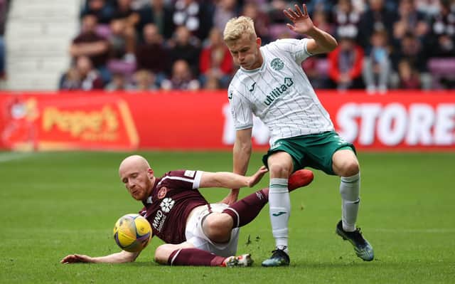 Josh Doig in action for Hibs against Hearts at Tynecastle in last week's derby