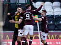 Robert Snodgrass celebrates with Lawrence Shankland after scoring his first Hearts goal against St Mirren.