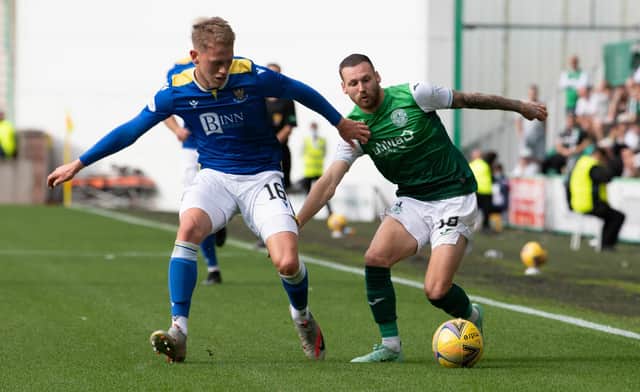 Martin Boyle battles for possession with St Johnstone's Hayden Muller during Hibs' 1-0 victory at Easter Road. Picture: SNS