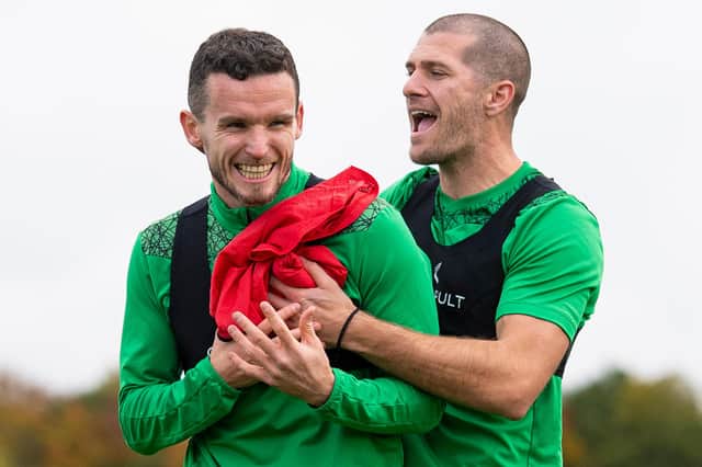 Paul McGinn and Alex Gogic have been key to Hibs' defensive resolve. Photo by Ross MacDonald / SNS Group