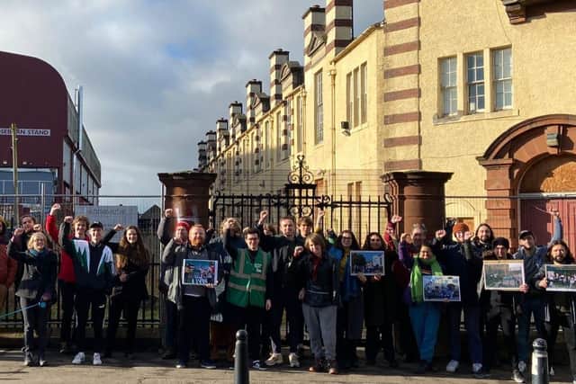 Living Rent campaigners and other members of the community demonstrated outside the old Tynecastle High School on Saturday morning.