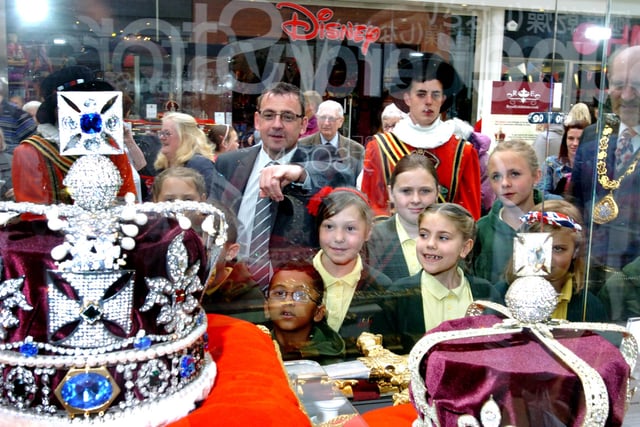 The replica Crown Jewels on display in the Bridges Shopping Centre, Sunderland. Centre Director Andy Bradley was pictured pointing out some of the jewels to pupils from Hudson Road Primary School in 2012.