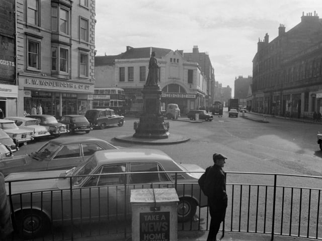 The statue of Queen Victoria at the Foot of Leith Walk in march 1971. Also in picture Woolworth's.
