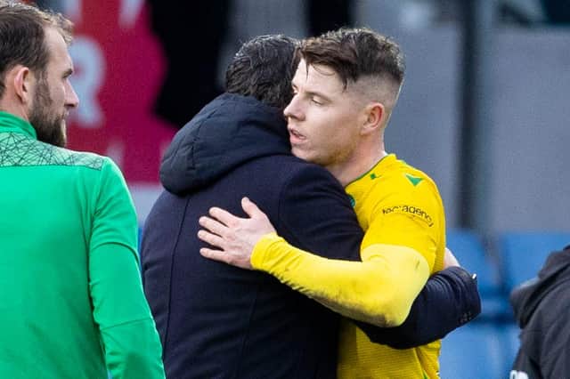 Hibs manager Jack Ross (L) and match winner Kevin Nisbet embrace at full time in Dingwall. Photo by Alan Harvey / SNS Group