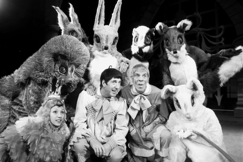Scottish entertainers Jack Milroy and Rikki Fulton with some of the woodland creature characters from Babes in the Wood, the Christmas pantomime at the Kings theatre in Edinburgh, december 1980.