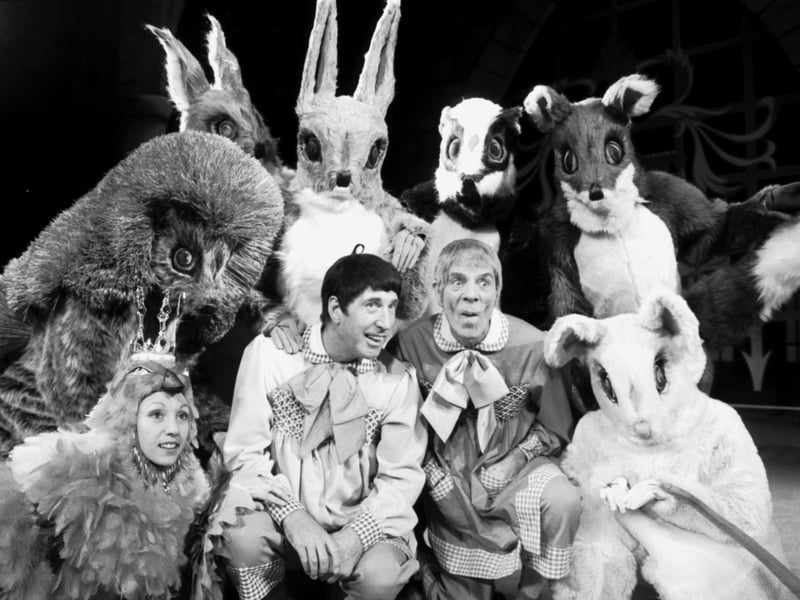 Scottish entertainers Jack Milroy and Rikki Fulton with some of the woodland creature characters from Babes in the Wood, the Christmas pantomime at the Kings theatre in Edinburgh, december 1980.