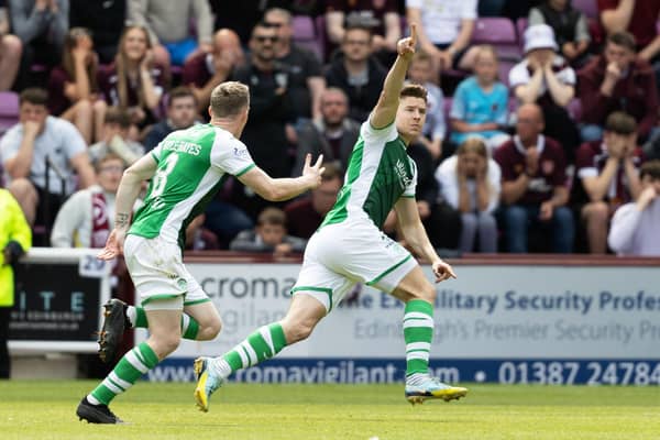 Hibs striker Kevin Nisbet celebrates after equalising against Hearts in the final game of the season at Tynecastle on Saturday. Picture: SNS