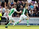 Hibs striker Kevin Nisbet celebrates after equalising against Hearts in the final game of the season at Tynecastle on Saturday. Picture: SNS