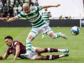 James Hill with one of his many successful tackles on Celtic's Daizen Maeda as Hearts lost at Tynecastle. Picture: SNS