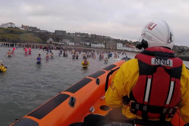 Kinghorn RNLI Lifeboat Station kicked off 2020 in style with around 160 people jumping into the cold Firth of Forth to celebrate the new year. Pic: RNLI.