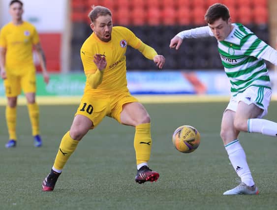 Lee Currie in action for Bonnyrigg Rose against Celtic B. His team can clinch the Lowland League title this weekend. Picture: Joe Gilhooley LRPS