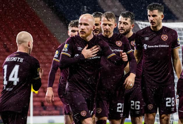 Liam Boyce celebrates after scoring to make it 2-1 during the Scottish Cup semi-final match between Hearts and Hibernian at Hampden Park on October 31. (Photo by Alan Harvey / SNS Group)
