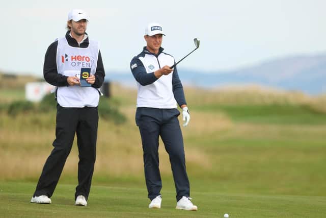 Calum Hill with his new caddie, Dan Parratt, during the first round of the Hero Open at Fairmont St Andrews. Picture: Andrew Redington/Getty Images.