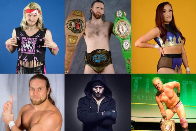 Some of the wrestling stars due to appear in Edinburgh on April 13. Clockwise from top left: Swedish wrestler Seb Silvers, Edinburgh hero Craig Stephens, title challenger Nicole Jasmin, champ Taylor Bryden, the Copenhagen Hangman and Mike Musso.