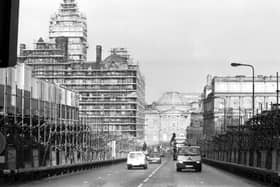Scaffolding covers almost all of Edinburgh's North Bridge, including the North British (NB) hotel in January 1990.